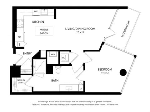 Floor plan for 1 bed, 1 bath, 816 sqft